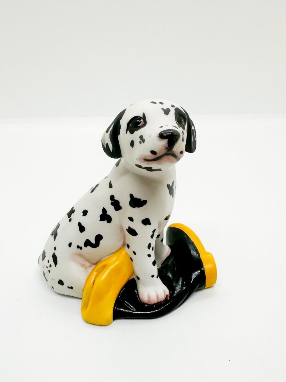 Vintage Porcelain Dalmatian Dog Puppy Figurine Fireman Fire Truck Rain Boot